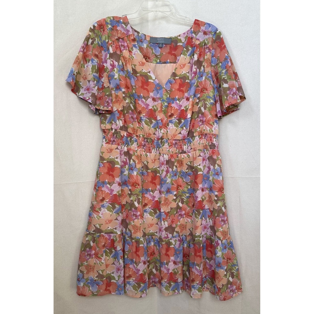 Berkley Jensen Hawaiian Floral V-Neck Smocked Waist Dress L Flutter Sleeve Party